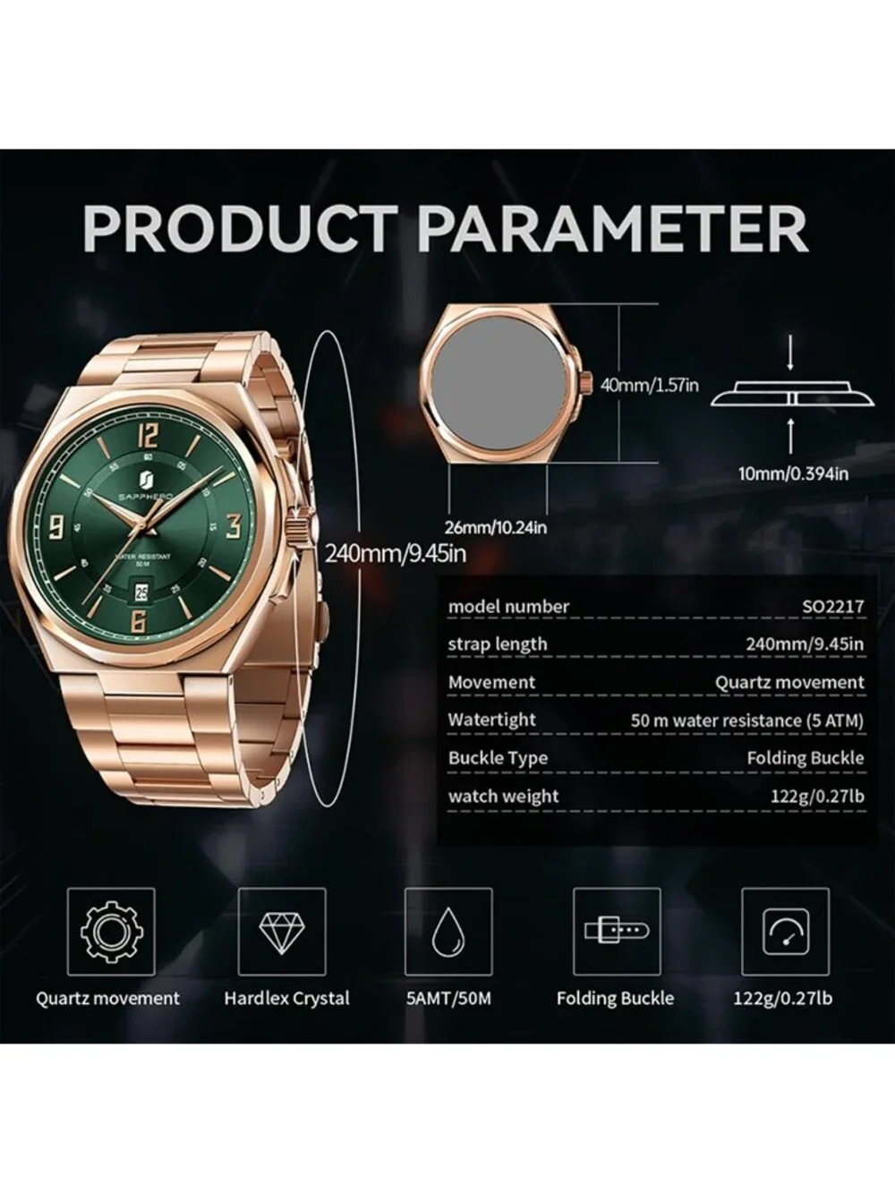 Men's Rose Gold/Green Numeral Dial Stainless Steel Strap Analog Quartz Watch